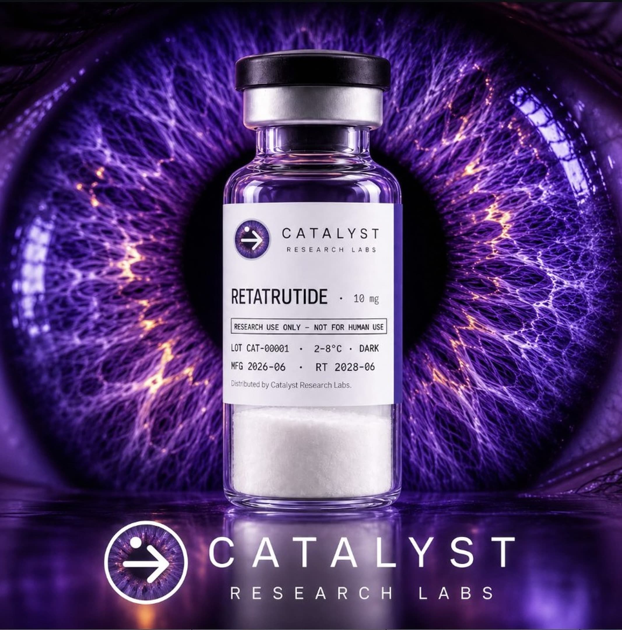 Catalyst research vial photographed against an iris-inspired macro background